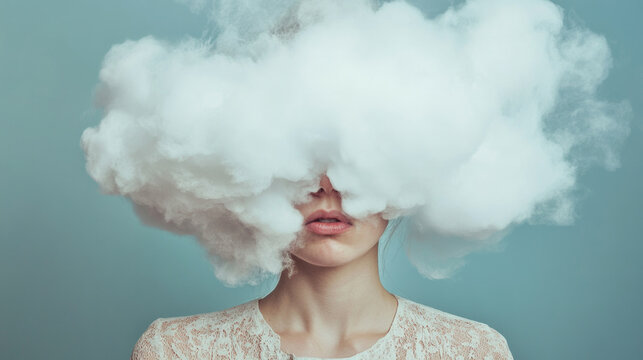 Young woman with brain fog represented by a cloud around her head