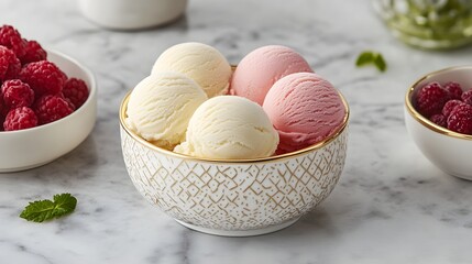 Artful Ice Cream Presentation with Geometric Patterns and Metallic Tones