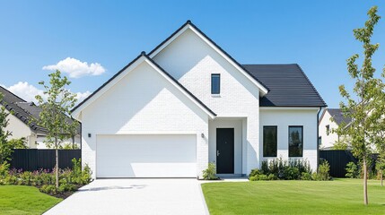 Fototapeta premium Modern White Farmhouse Exterior with Green Lawn and Driveway