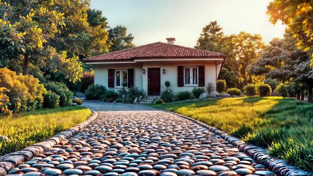 Mediterranean cottage with terracotta roof and wooden shutters at golden sunset. Cobblestone pathway leads through manicured lawn and landscaped garden with shrubs and trees. Peaceful countryside