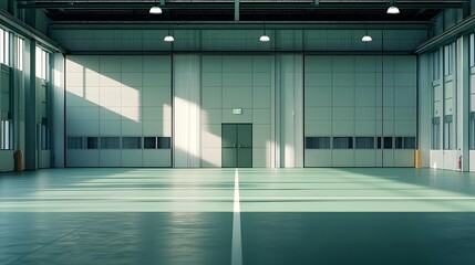 Obraz premium Spacious Modern Warehouse Interior with Green Floor and Natural Light