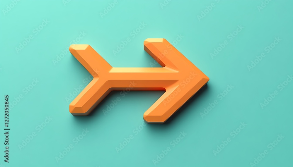 Poster simple 3d vector navigation arrow icon, matte orange on a contrasting teal background