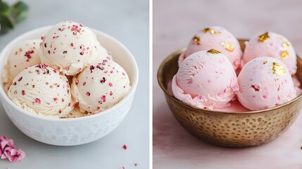 Elegant Presentation of Gourmet Ice Cream Flavors on Metallic Platters with Floral Garnishes
