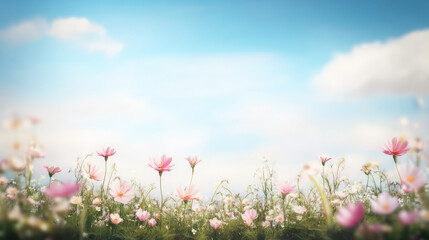 Fototapeta premium Flower meadow under bright sky with fluffy clouds in full bloom