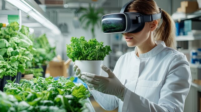 Female scientist using virtual reality to study plants in a laboratory setting - Powered by Adobe