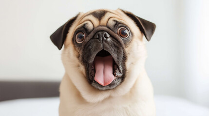A pug dog is looking at the camera with its tongue hanging out. The dog appears to be happy and excited