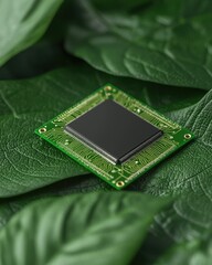 Green Circuit Board with Microchip on Fresh Green Leaves, Representing Technology and Nature Harmony