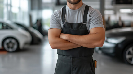 A man in a black apron stands in front of a car. He is wearing a grey shirt and has his arms crossed