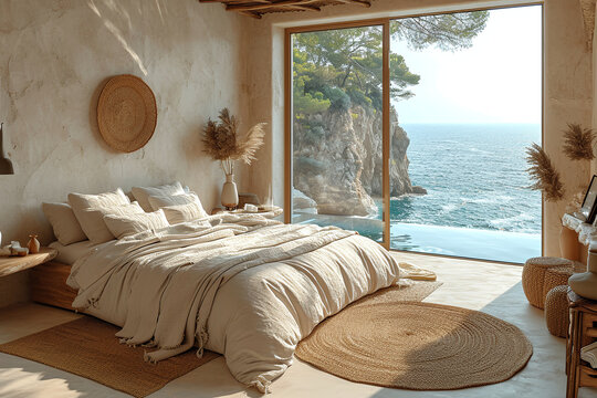 Modern bedroom with boho interior design showcasing a bed adorned with beige bedding set against a spacious panoramic window overlooking the sea. Bright window wall with ocean view.	