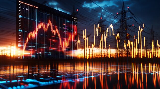 Digital data analysis overlaying power lines at sunset