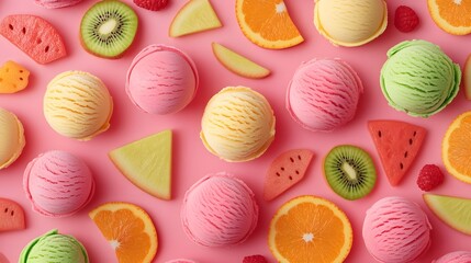 Surreal Fruit Inspired Ice Cream Scoops on Vibrant Textured Background
