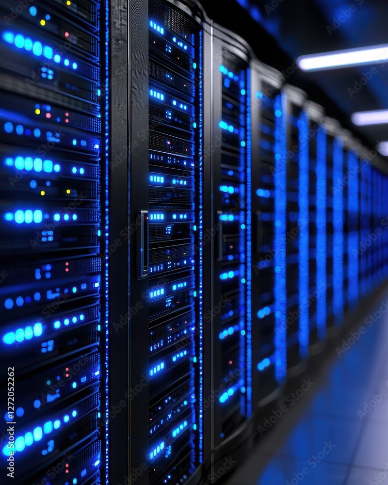 Poster server room with rows of blue lighted racks and cables in a modern data center environment