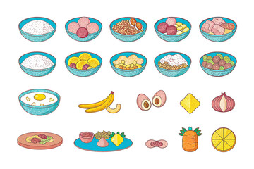 Colorful food illustrations in bowls and on plates