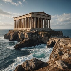 A Greek temple perched atop a seaside cliff.