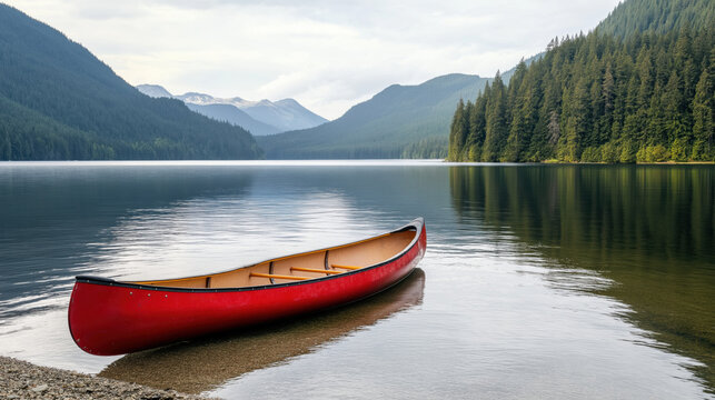A red canoe sits in the water near a lake. The scene is peaceful and serene, with the calm water reflecting the surrounding mountains. The canoe is the only object in the image - Powered by Adobe