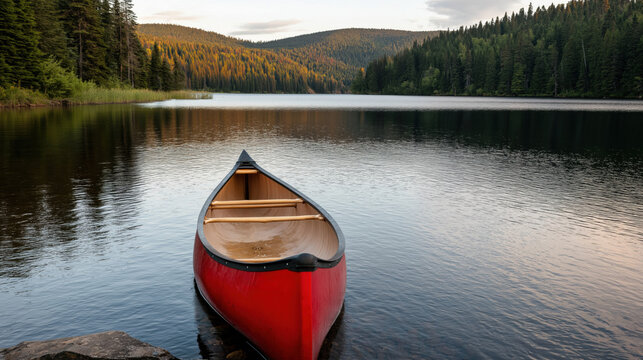 A red canoe sits in the water next to a forest. The scene is peaceful and serene, with the calm water reflecting the surrounding trees