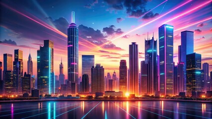 Fototapeta premium Digital cityscape at sunset with skyscrapers and neon lights, technology, digital art, skyscrapers
