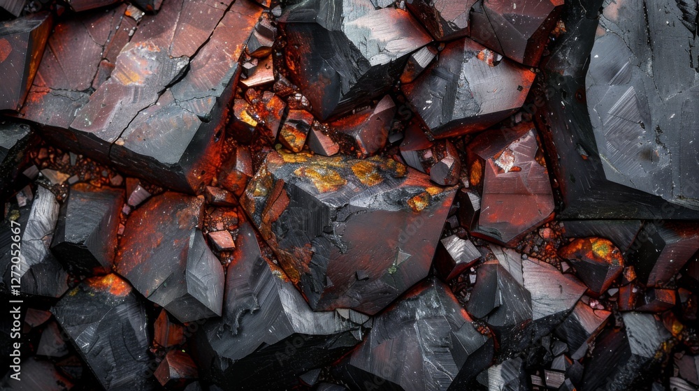 Poster textured volcanic rocks with deep black and reddish hues create a striking visual. the variations in