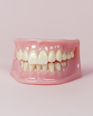 Obraz premium Realistic dental model showcasing human teeth structure against a soft pink background for educational purposes