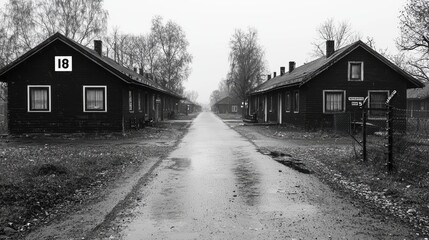 Grey monochrome rows of historic barracks, road leading into distance.  Possible use for Historical study/background