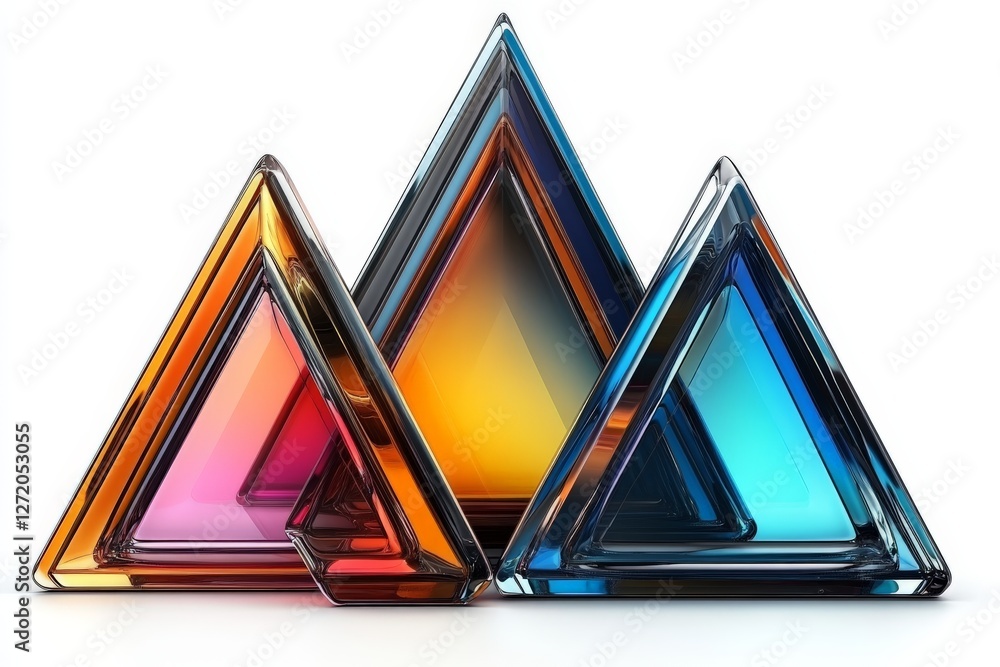 Poster three dimensional transparent triangular prisms in vivid colors arranged in abstract geometric patte