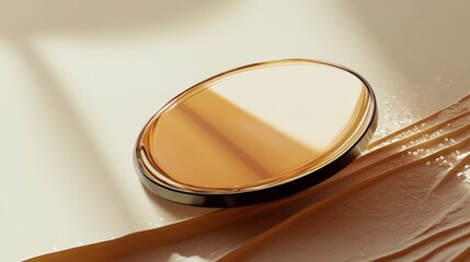 A round mirror with a sleek golden rim rests on the table