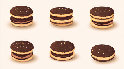A selection of round biscuit sandwiches layered with chocolate filling, depicted in various positions as vector templates for web design