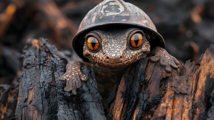 Fearless Gecko Firefighter Braves Charred Terrain with Piercing Gaze