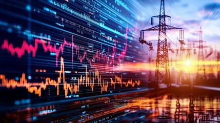 Smart grid interface with data analytics and energy transmission towers at sunset