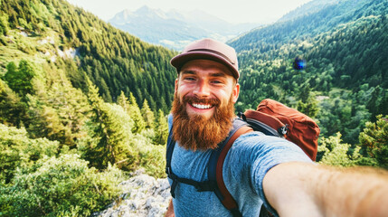 Bearded man enjoys a sunny mountain hike while taking a cheerful selfie