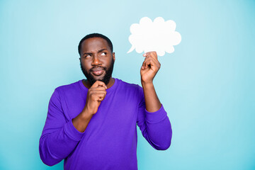 Photo of solving deciding man touching his beard in a fit of thoughts about his future concentrated...