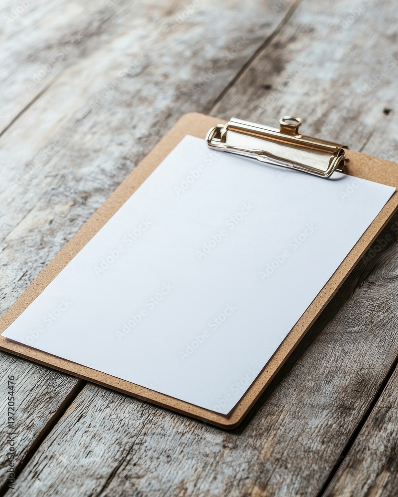 Aufkleber empty clipboard with white sheet on rustic wooden background for note taking or document presentatio