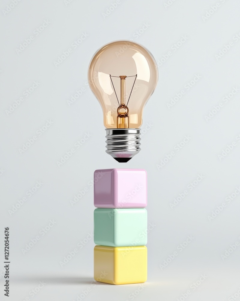Poster creative representation of a light bulb above colorful building blocks on a minimalistic background