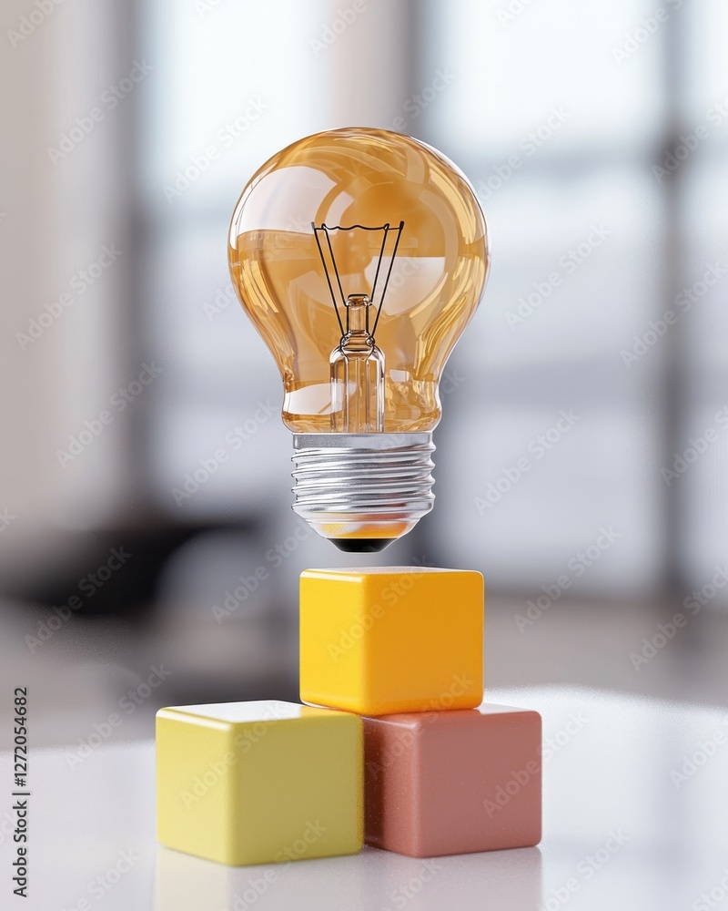 Poster light bulb floating above colorful building blocks creating a creative concept of ideas and imaginat