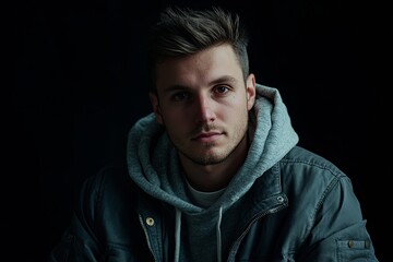 Fototapeta premium Young caucasian male in hoodie and jacket against dark background
