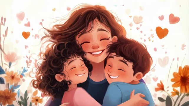 Joyful mother embraces her two happy children, surrounded colorful flowers and floating hearts. Concept mother's day, family happiness
