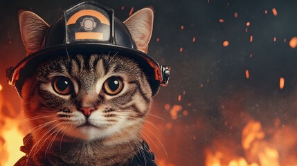 Heroic Feline Firefighter Braving the Flames in Dramatic Digital