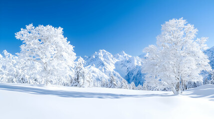 Obraz premium Snow-covered trees stand in a pristine winter landscape under a clear blue sky with majestic mountains in the background.