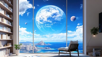 Fototapeta premium room with a large window revealing an impossible world, inside, bookshelves, minimalist decor