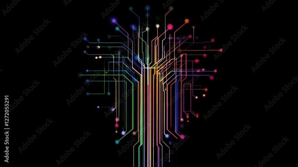 Poster complex network of colorful lines and glowing nodes creating a visual representation of data flow, c