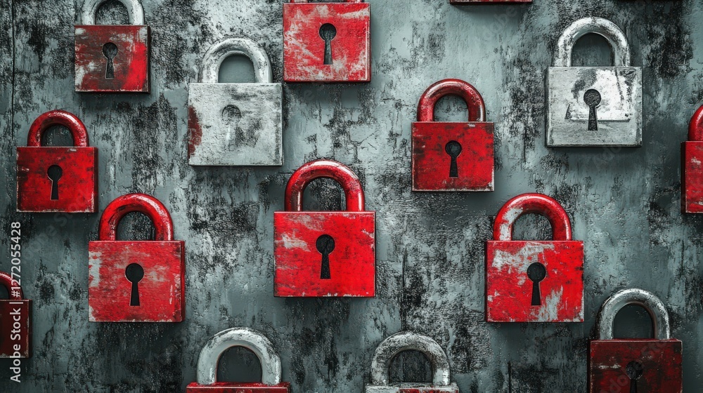 Aufkleber security concept featuring an array of red and silver padlocks on a wall