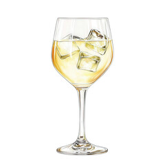 a graphic-style illustration of a glass with a light yellow liquid and ice cubes, transparent background, PNG