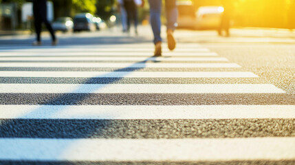 Crowded crosswalk filled with pedestrians on a sunny day in a bustling city