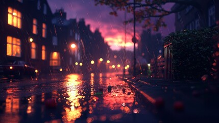 Rainy Evening Street Scene, City Lights, Rain,  and Reflections