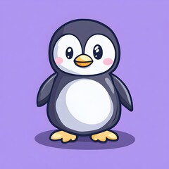 Obraz premium Cute Penguin in Simple Flat-Style Illustration with Purple Background and Bold Outlines