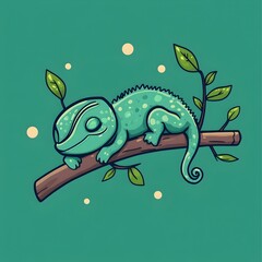 Obraz premium Cute Cartoon Chameleon Sleeping on a Branch with Simple Line Art and Solid Color Background