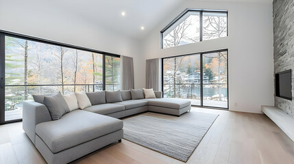 Fototapeta premium Modern grey sectional sofa sits in a bright, minimalist living room with large windows overlooking a scenic forest.