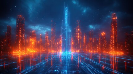 Futuristic city skyline, digital pathways, glowing structures, vibrant night