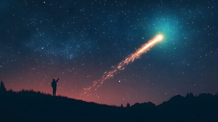 Fototapeta premium Astronaut reaching out towards a distant glowing comet speeding across the starry night sky