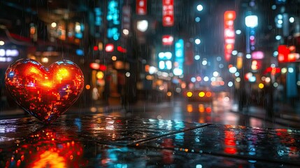 Obraz premium Disco Ball Heart In Rainy City Night